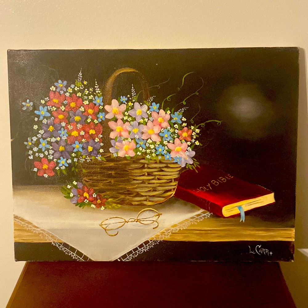 Floral with bible canvas painting.